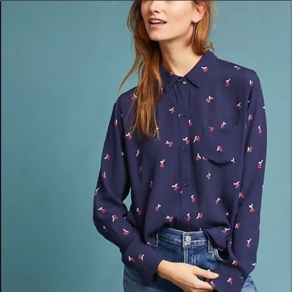 Rails Kate button down blue blouse with cherries